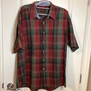 Haggar Casuals Men's Button Down Red Green Plaid Short Sleeve Shirt Size XL